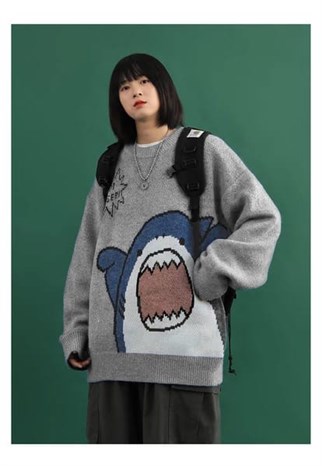 Harajuku Cute Shark - Im Not Danger Gri Oversize Kazak