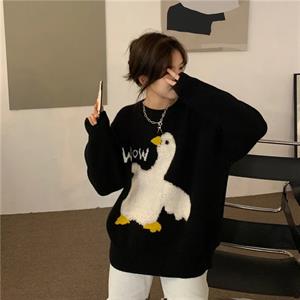 Harajuku Duck Wow Baskılı Oversize Unisex Siyah Kazak