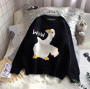 Harajuku Duck Wow Baskılı Oversize Unisex Siyah Kazak