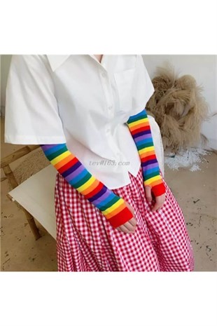Harajuku Gökkuşağı Desenli Parmaksız Kolluk Eldiven