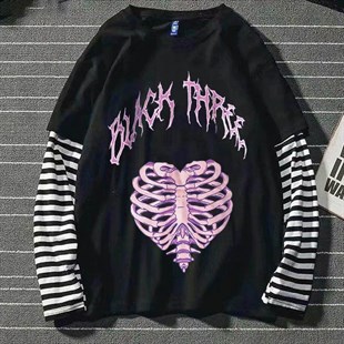 Harajuku Gothic Black Three Cage Oversize Unisex Uzun Kollu  T-shirt