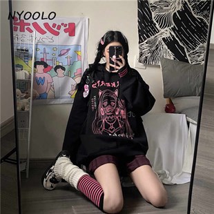 Harajuku Japanese Sweet Cool Girl Siyah Kapşonlu Sweetshirt
