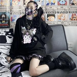 Harajuku Kuromi Baskılı Siyah Unisex Oversize Bisiklet Yaka Sweatshirt