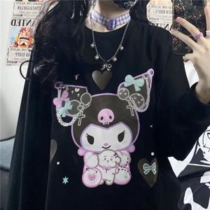 Harajuku Kuromi Baskılı Siyah Unisex Oversize Bisiklet Yaka Sweatshirt