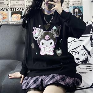 Harajuku Kuromi Baskılı Siyah Unisex Oversize Bisiklet Yaka Sweatshirt