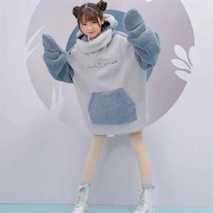 Harajuku Shark Style Peluş Oversize Eldivenli Kapüşonlu