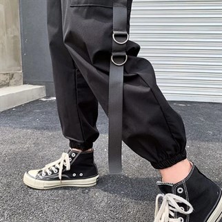 Harajuku Siyah Unisex Zincirli Jogger Kargo Eşofman