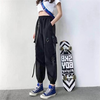 Harajuku Siyah Unisex Zincirli Jogger Kargo Eşofman