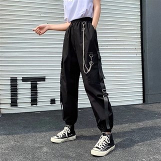 Harajuku Siyah Unisex Zincirli Jogger Kargo Eşofman