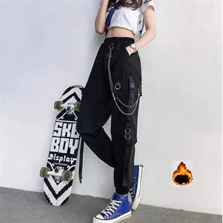 Harajuku Siyah Unisex Zincirli Jogger Kargo Eşofman