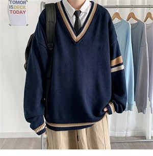 Harajuku Uzun Kollu Lacivert V Yaka Kazak