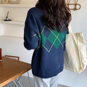 Harajuku Vintage Lacivert Ekose Oversize Kazak
