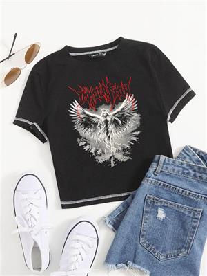 Harajuku Winged Baskılı Ters Dikiş Siyah Crop