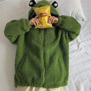 Harajuku Yeşil Kurbağa Peluş Oversize Hırka