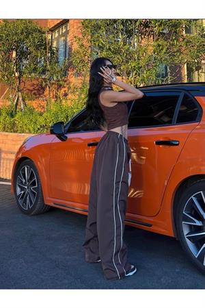 Harajuku Zip Detail Çift Çizgili Brown Tracksuit Oversize Kahverengi Eşofman Altı