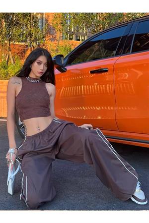 Harajuku Zip Detail Çift Çizgili Brown Tracksuit Oversize Kahverengi Eşofman Altı