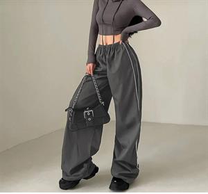 Harajuku Zip Detail Çift Çizgili Grey Tracksuit Oversize Gri Eşofman Altı