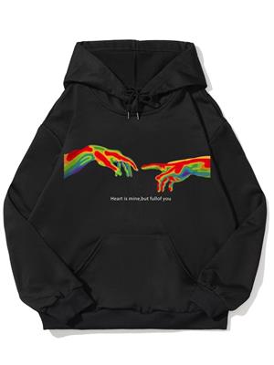 Heart İs Mine But Fullof You Siyah Kapşonlu Sweatshirt 