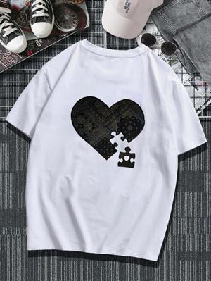 Heart Jigsaw Sırt Baskılı Beyaz Unisex Oversize T-shirt