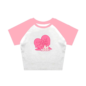 Heart Mush Baskılı Pembe Reglan Kol Beyaz Crop