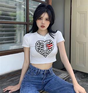 Heart Rib Baskılı Beyaz Crop
