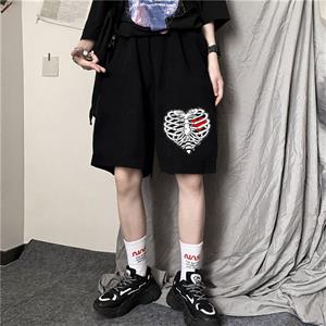 Heart Rib Baskılı Siyah Unisex Penye Şort