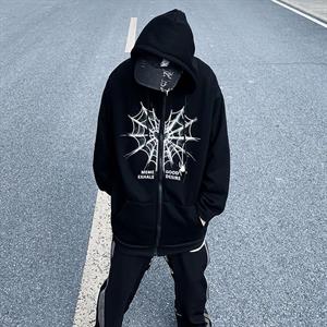 Heart Spider Web Baskılı Oversize Fermuarlı Siyah Unisex Kapüşonlu Hırka
