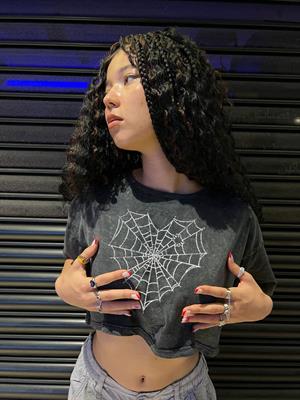 Heart Web Baskılı Vintage Yıkamalı Oversize Crop