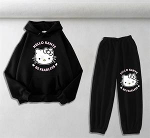 Hello Kanye Be Fearless Baskılı Siyah Oversize Kapüşonlu Sweatshirt & Eşofman Altı Unisex İkili Takım