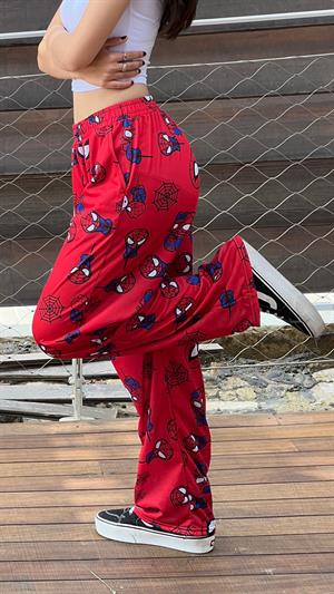 Hello Kitty & Spider-Man Detaylı Kırmızı Unisex Bol Eşofman Altı