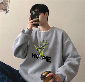 Hope Hand Baskılı Gri Unisex Oversize Bisiklet Yaka Sweatshirt