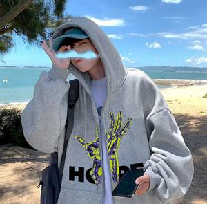Hope Hand Baskılı Oversize Fermuarlı Gri Unisex Kapüşonlu Hırka