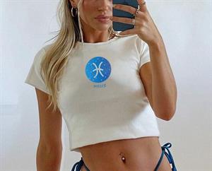 Horoscope Series Pisces Baskılı Beyaz Crop