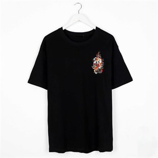 Kaplan Desen Sırt Baskılı Oversize Siyah Unisex Tshirt
