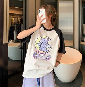 Kawaii Creepy Cat In The Moon Baskılı Reglan Kol Beyaz Unisex Oversize T-shirt