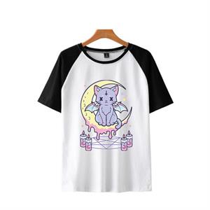 Kawaii Creepy Cat In The Moon Baskılı Reglan Kol Beyaz Unisex Oversize T-shirt