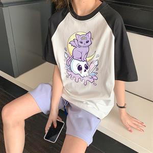 Kawaii Creepy Cat & Skull Baskılı Reglan Kol Beyaz Unisex Oversize T-shirt