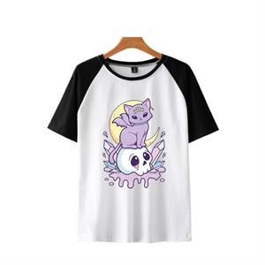 Kawaii Creepy Cat & Skull Baskılı Reglan Kol Beyaz Unisex Oversize T-shirt