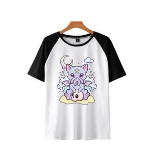 Kawaii Creepy Cthulhu Cat Baskılı Reglan Kol Beyaz Unisex Oversize T-shirt