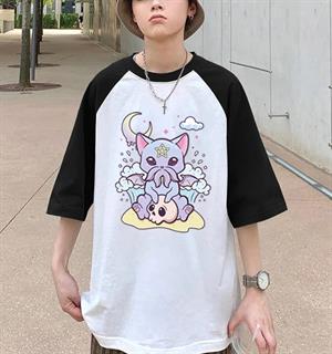 Kawaii Creepy Cthulhu Cat Baskılı Reglan Kol Beyaz Unisex Oversize T-shirt