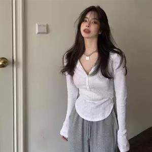 Kawaii Düğme Detay Geniş Yaka Beyaz Uzun Kol Bluz