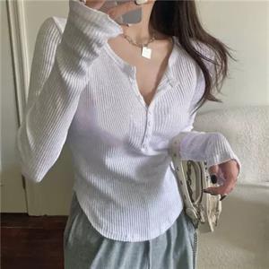 Kawaii Düğme Detay Geniş Yaka Beyaz Uzun Kol Bluz