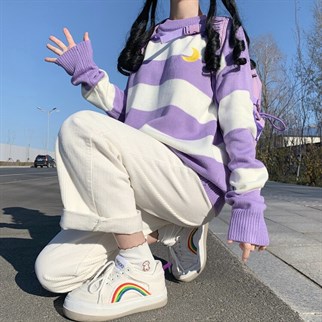 Kawaii Lila Örme Unisex Oversize Nakış Ay İşleme Çizgili Kazak