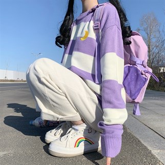 Kawaii Lila Örme Unisex Oversize Nakış Ay İşleme Çizgili Kazak
