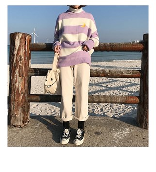 Kawaii Lila Örme Unisex Oversize Nakış Ay İşleme Çizgili Kazak