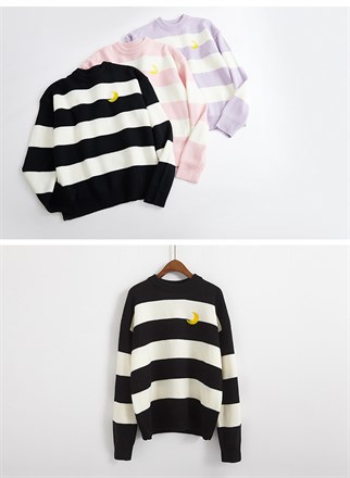 Kawaii Pembe Örme Unisex Oversize Nakış Ay İşleme Çizgili Kazak