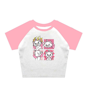 Kedi Baskılı Pembe Reglan Kol Beyaz Crop