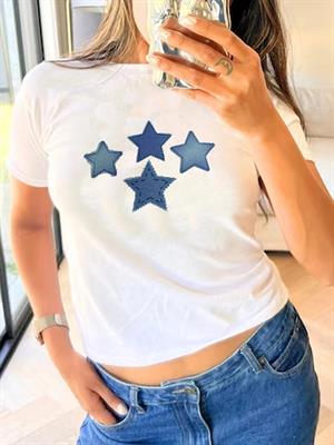 Kemer Boy Denim Star Baskılı Crop Bluz