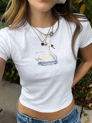 Kemer Boy Kuğu Baskılı Crop Bluz