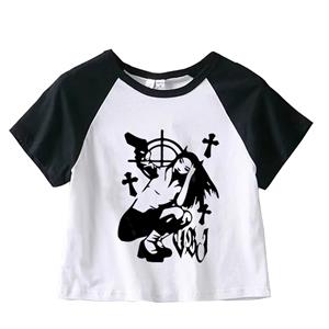 Killer Devil Girl Baskılı Reglan Kol Beyaz Crop